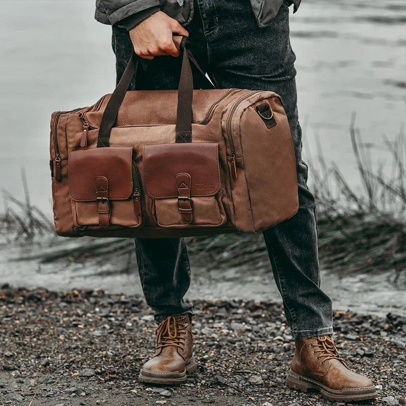 Bolsa Masculina de Viagem Canvas Diagonal com Couro